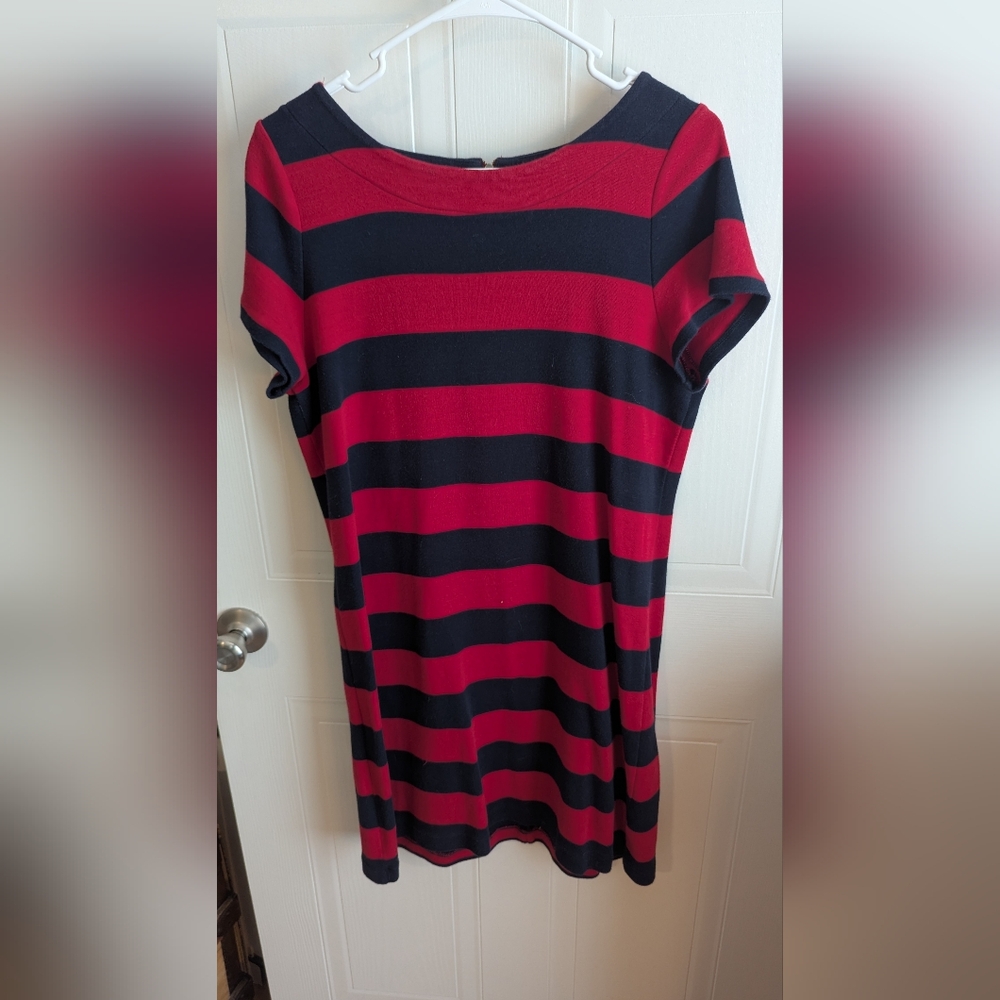 Red and Blue Striped Shift Dress